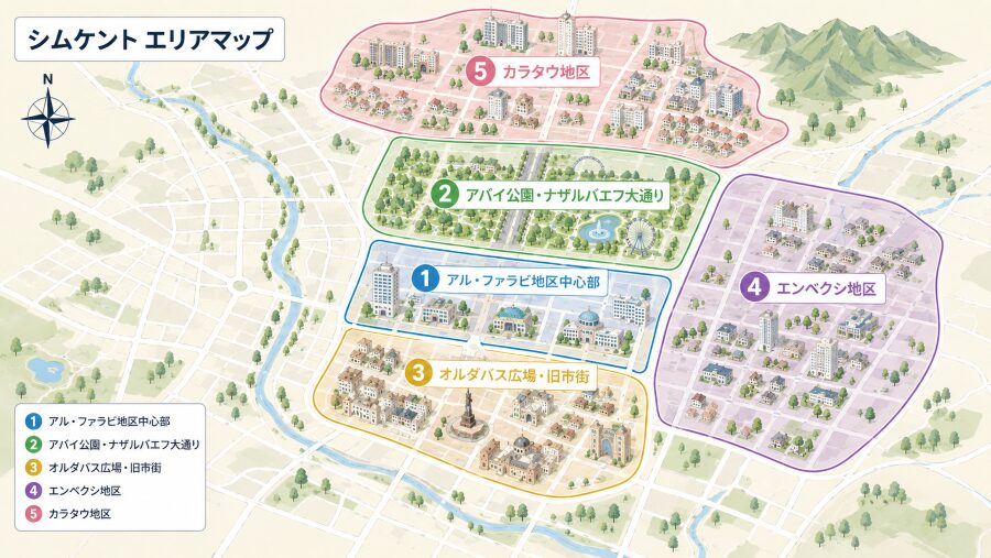 【ホテル選び】カザフスタンのシムケントの5つのエリアマップ