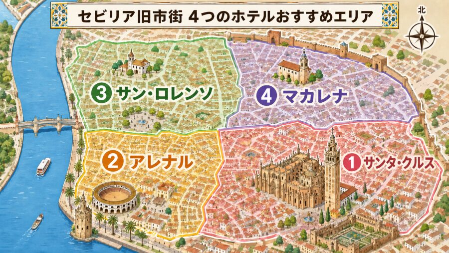 スペイン・セビリアの旧市街（カスコ・アンティグオ）の4つのエリアマップ
