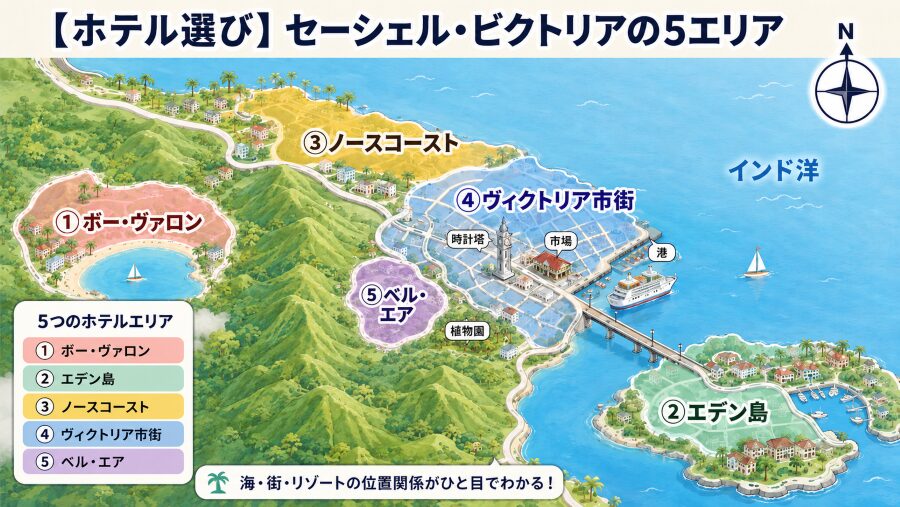 【ホテル選び】セーシェルのビクトリアの5つのエリアマップ