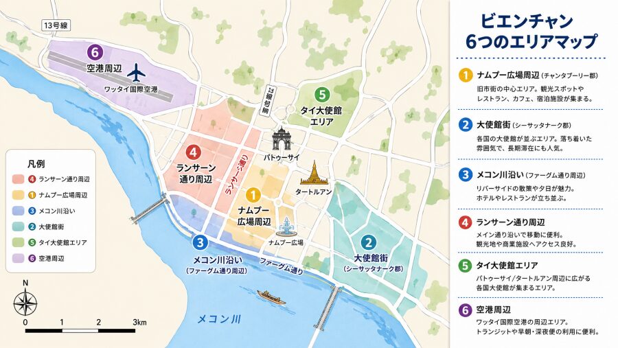 【ホテル選び】ラオスのビエンチャンの6つのエリアマップ