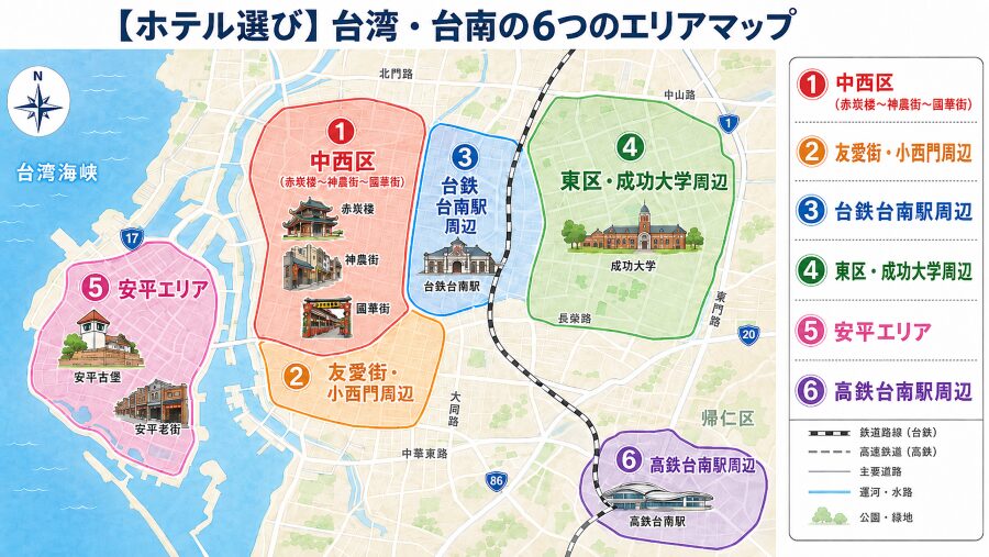 【ホテル選び】台湾の台南の6つのエリアマップ