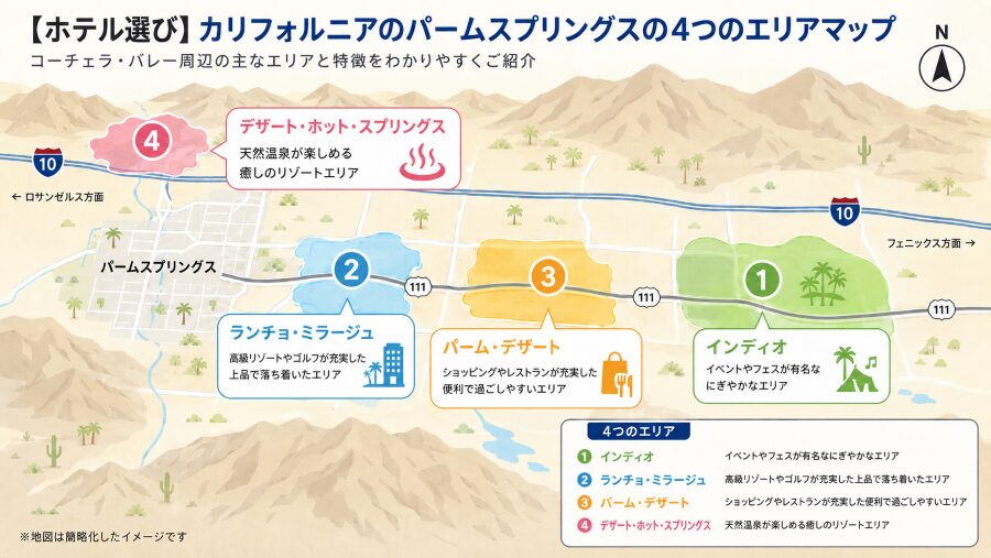 【ホテル選び】カリフォルニアのパームスプリングスの4つのエリアマップ