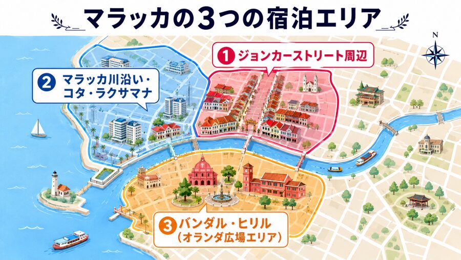 【ホテル選び】マレーシア・マラッカの3つのエリアマップ