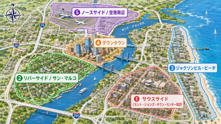 【ホテル選び】フロリダ州ジャクソンビルの5つのエリアマップ