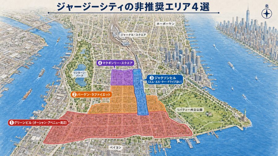 【ホテル選び】ニュージャージー州ジャージーシティの4つの非推奨エリアマップ
