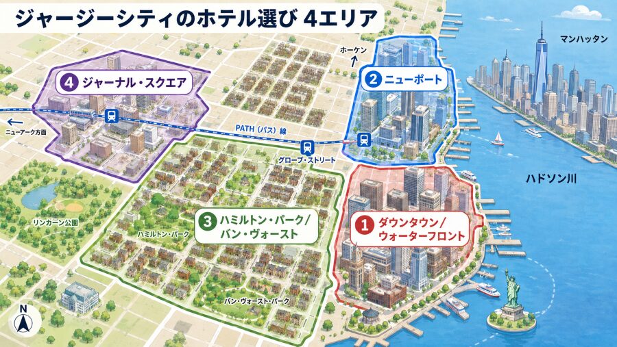 【ホテル選び】ニュージャージー州ジャージーシティの4つのエリアマップ