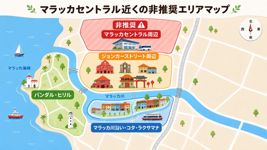 【ホテル選び】マレーシア・マラッカのマラッカセントラル近くの非推奨エリアマップ