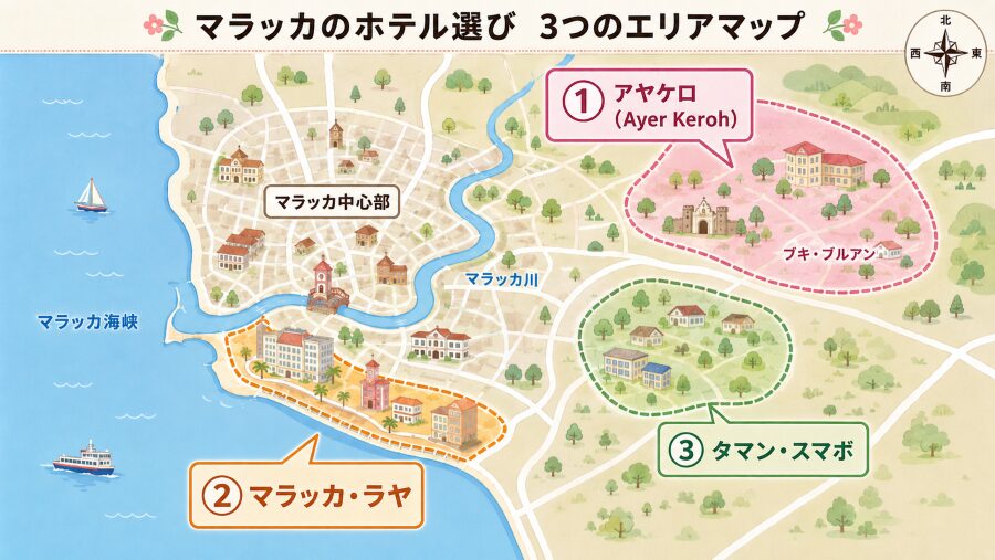 【ホテル選び】マレーシア・マラッカ郊外の3つのエリアマップ