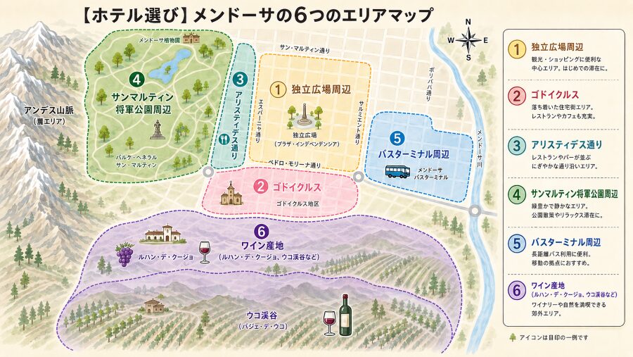 【ホテル選び】アルゼンチンのメンドーサの6つのエリアマップ