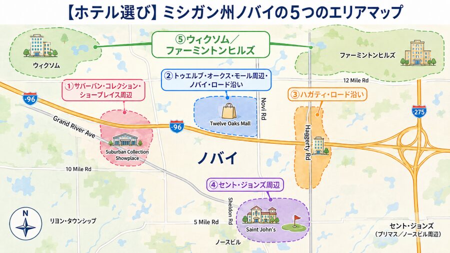 【ホテル選び】ミシガン州ノバイの5つのエリアマップ