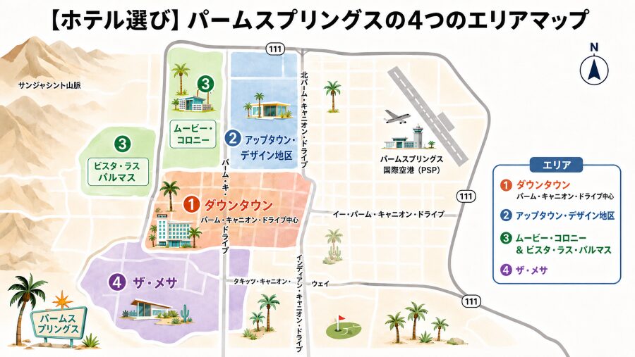 【ホテル選び】カリフォルニアのパームスプリングスの4つのエリアマップ