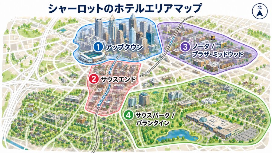 【ホテル選び】ノースカロライナ州シャーロットの4つのエリアマップ