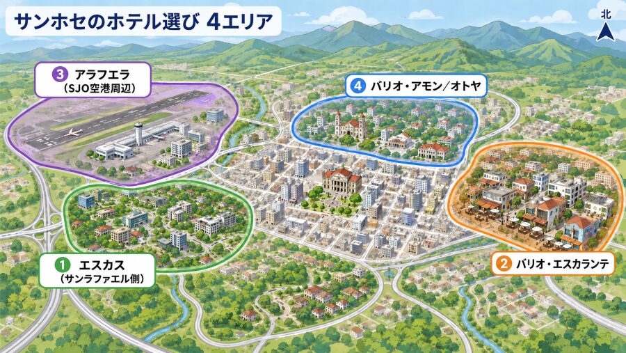 【ホテル選び】コスタリカの首都サンホセの4つのエリアマップ