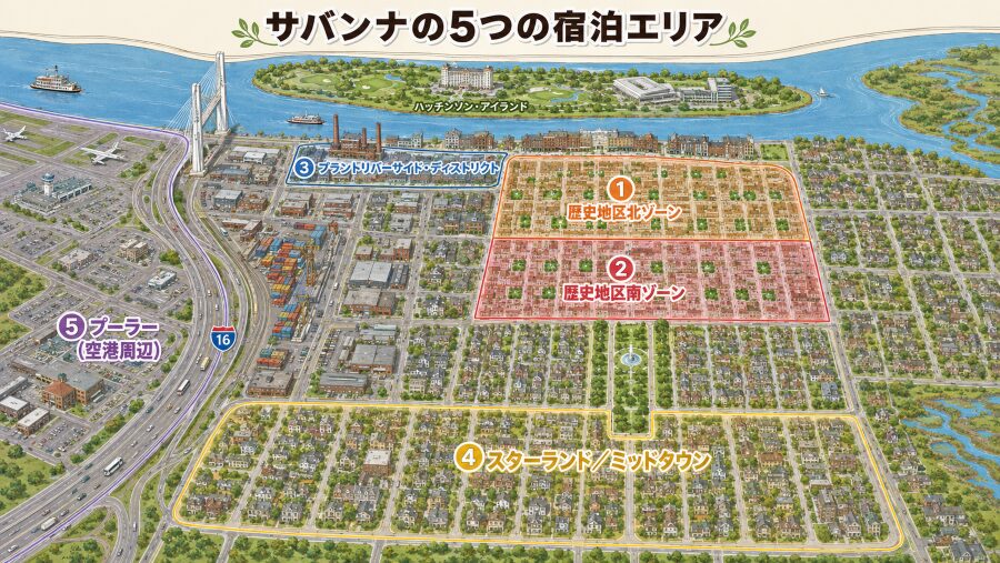 【ホテル選び】ジョージア州サバンナの5つのエリアマップ