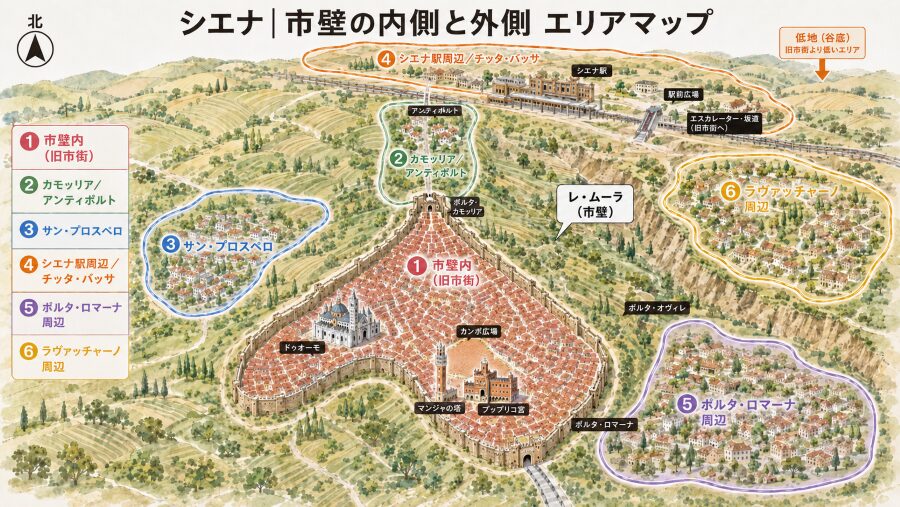 イタリアの「シエナ」の市壁(レ・ムーラ)の内側と外側のエリアマップ
