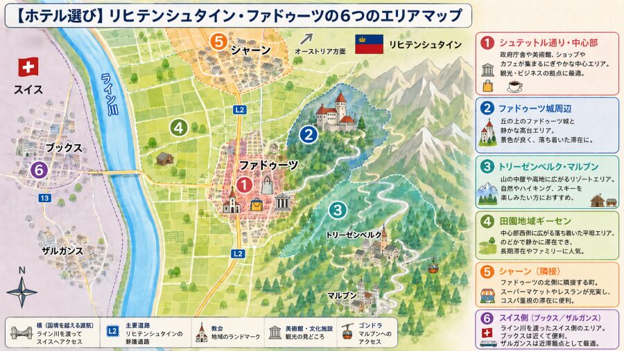 【ホテル選び】リヒテンシュタインの首都ファドゥーツの6つのエリアマップ