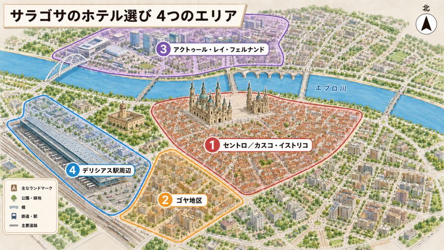 【ホテル選び】スペイン・サラゴサの4つのエリアマップ