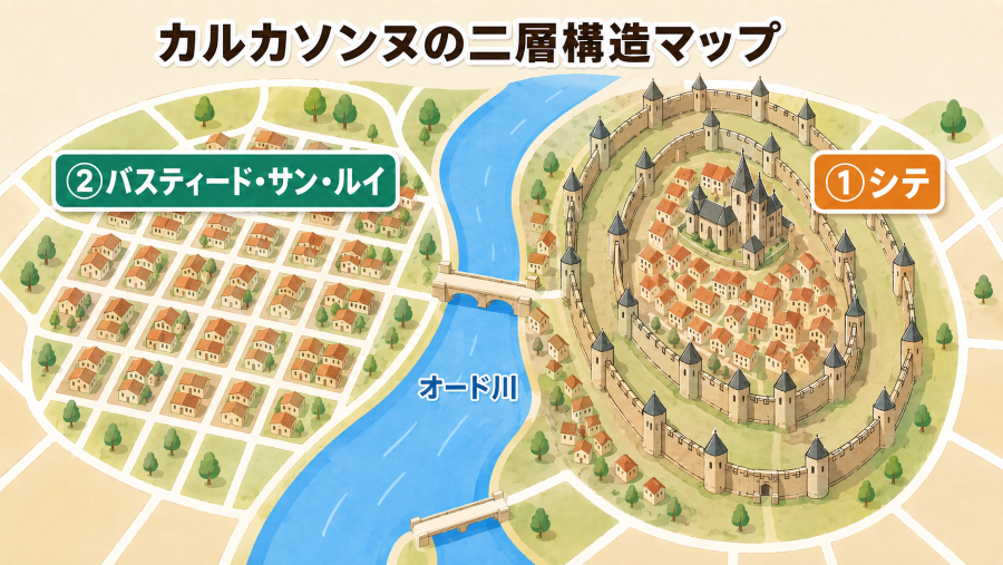 カルカソンヌのオード川を挟んだ「二層構造」の街