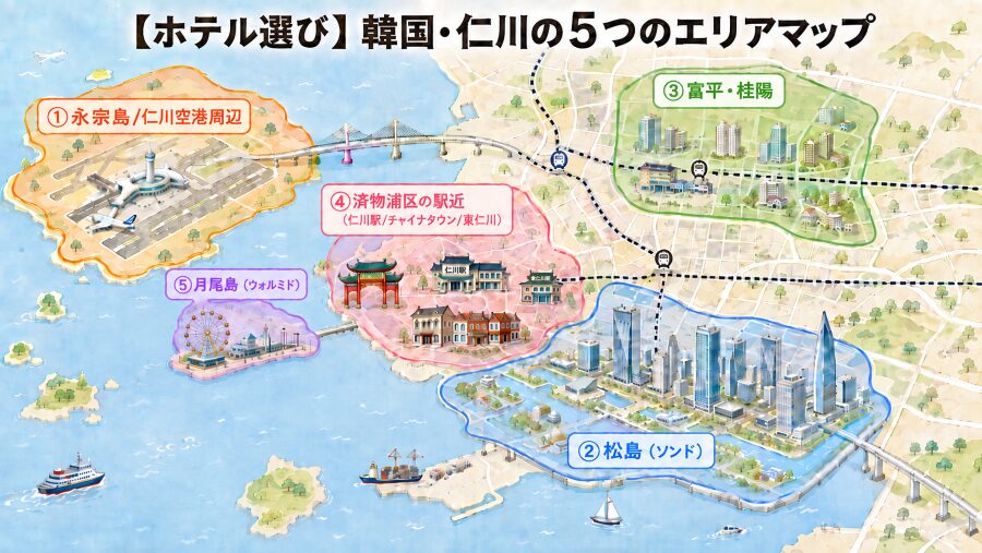 韓国・仁川のホテルエリアマップ。永宗島(仁川空港)、松島、富平・桂陽、済物浦区、月尾島の5エリアの位置関係を示したイラスト地図